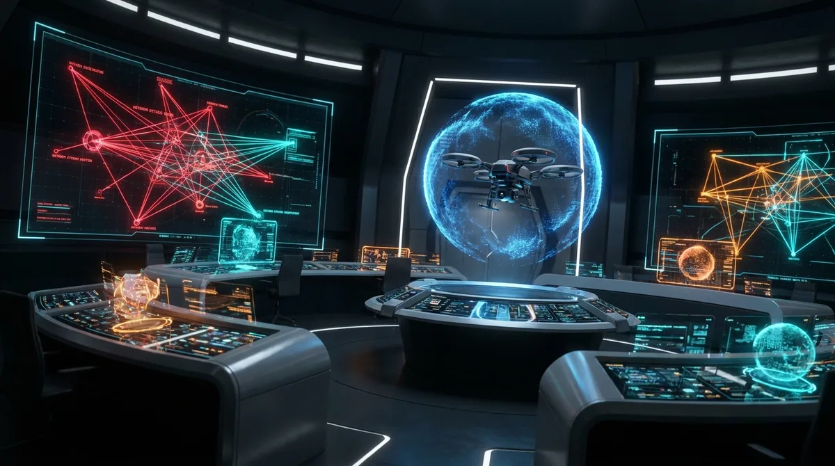 A futuristic control room displays a holographic Earth and drone projection, showcasing CAQA Technologies' cybersecurity.