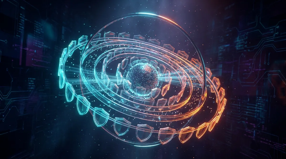 A glowing digital eye represents Zero-Trust Architecture and CAQA Technologies' approach to cybersecurity.